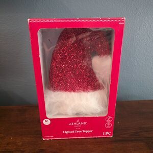 New Ashland Christmas Tree Topper Lighted Glitter Red Santa's Hat W/remote 10"